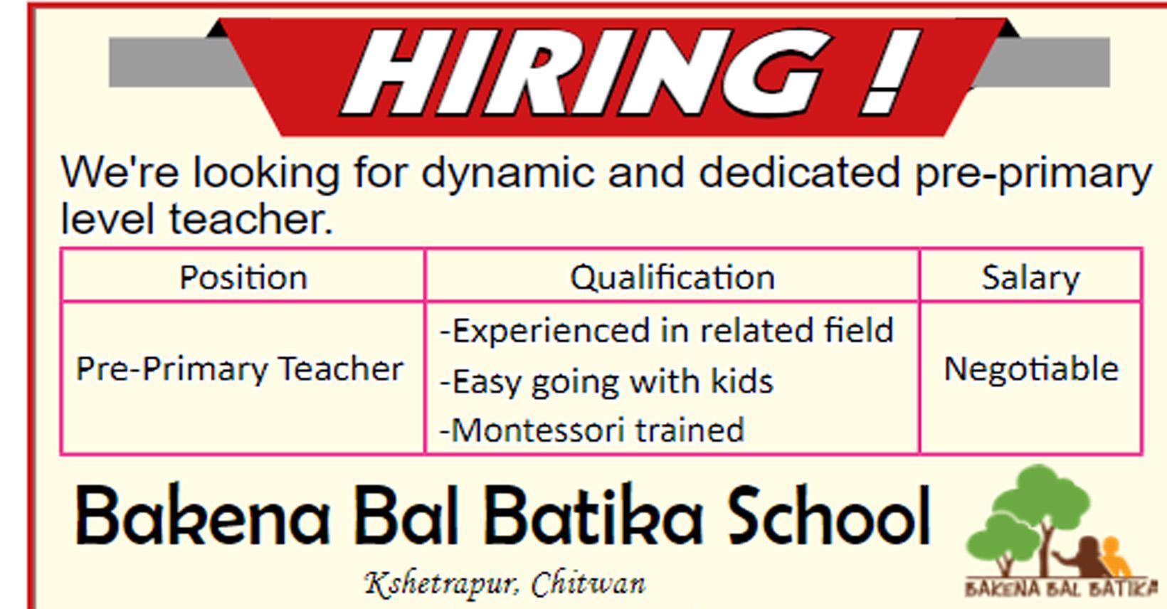 Pre Primary Teacher Job In Nepal Bakena Bal Batika School Merorojgari pre-primary-teacher-job-in-nepal-bakena-bal-batika-school-merorojgari